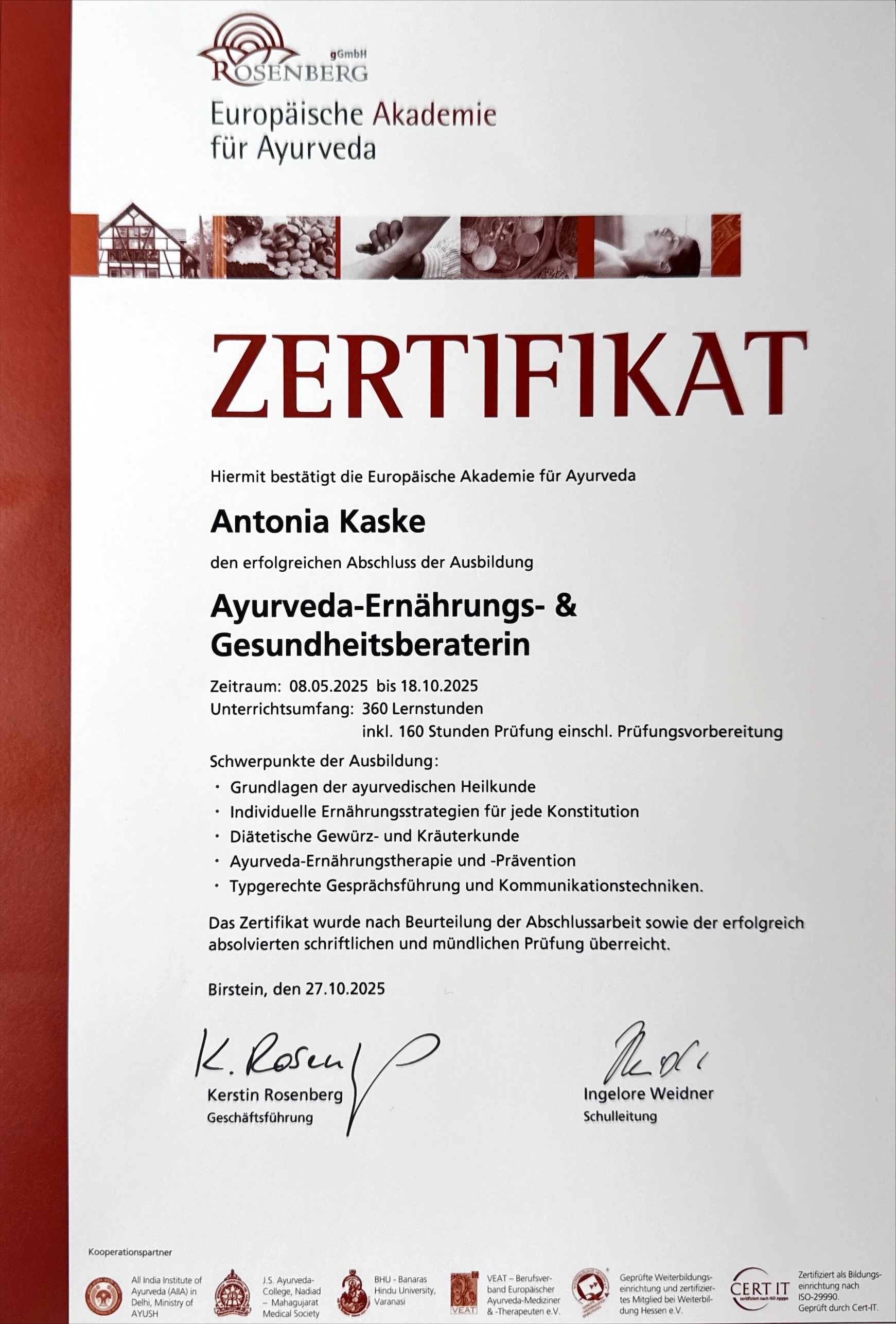 Ayurveda Ernährungs- und Gesundheitsberaterin Zertifikat