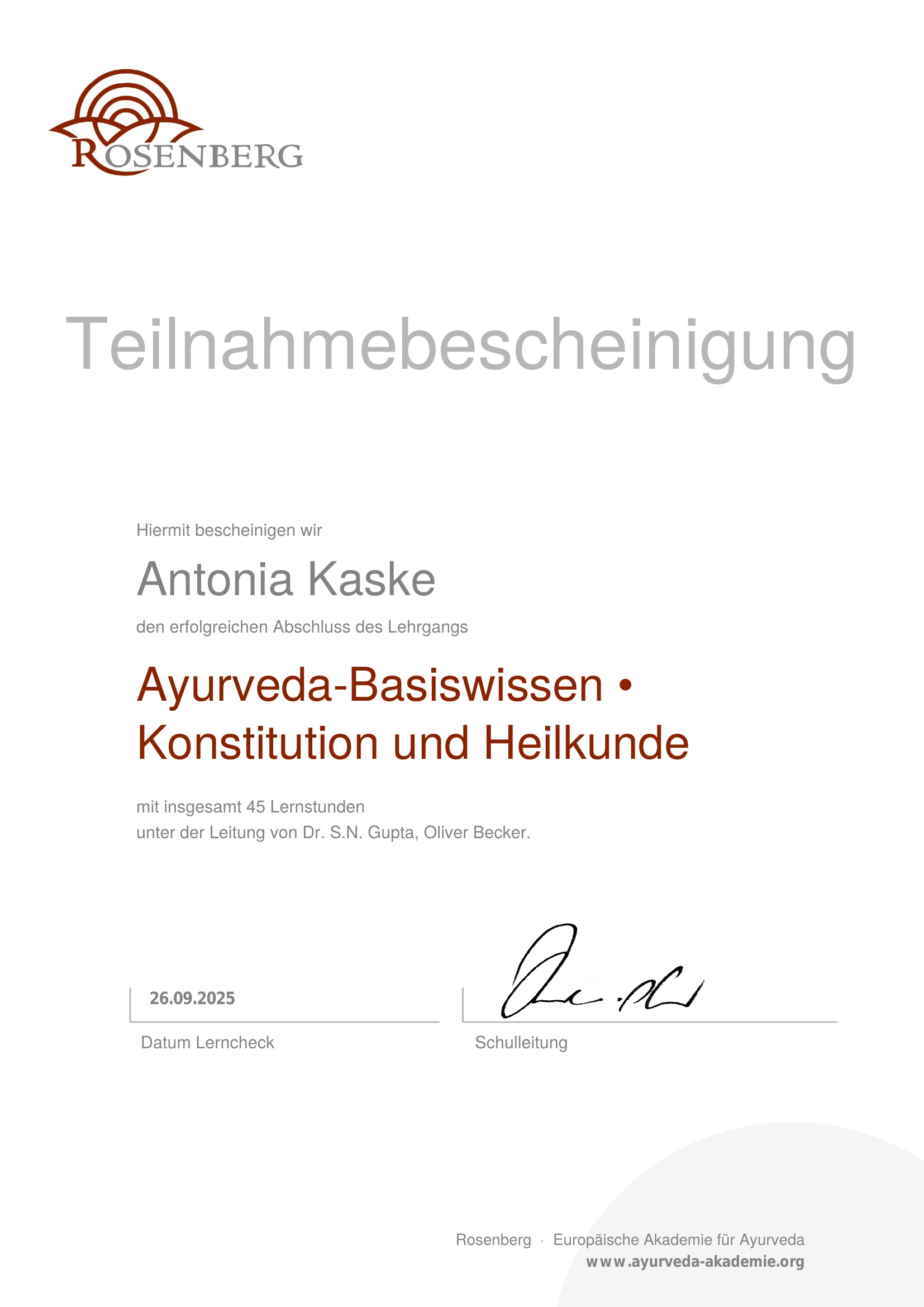 Konstitution und Heilkunde Ayurveda Zertifikat