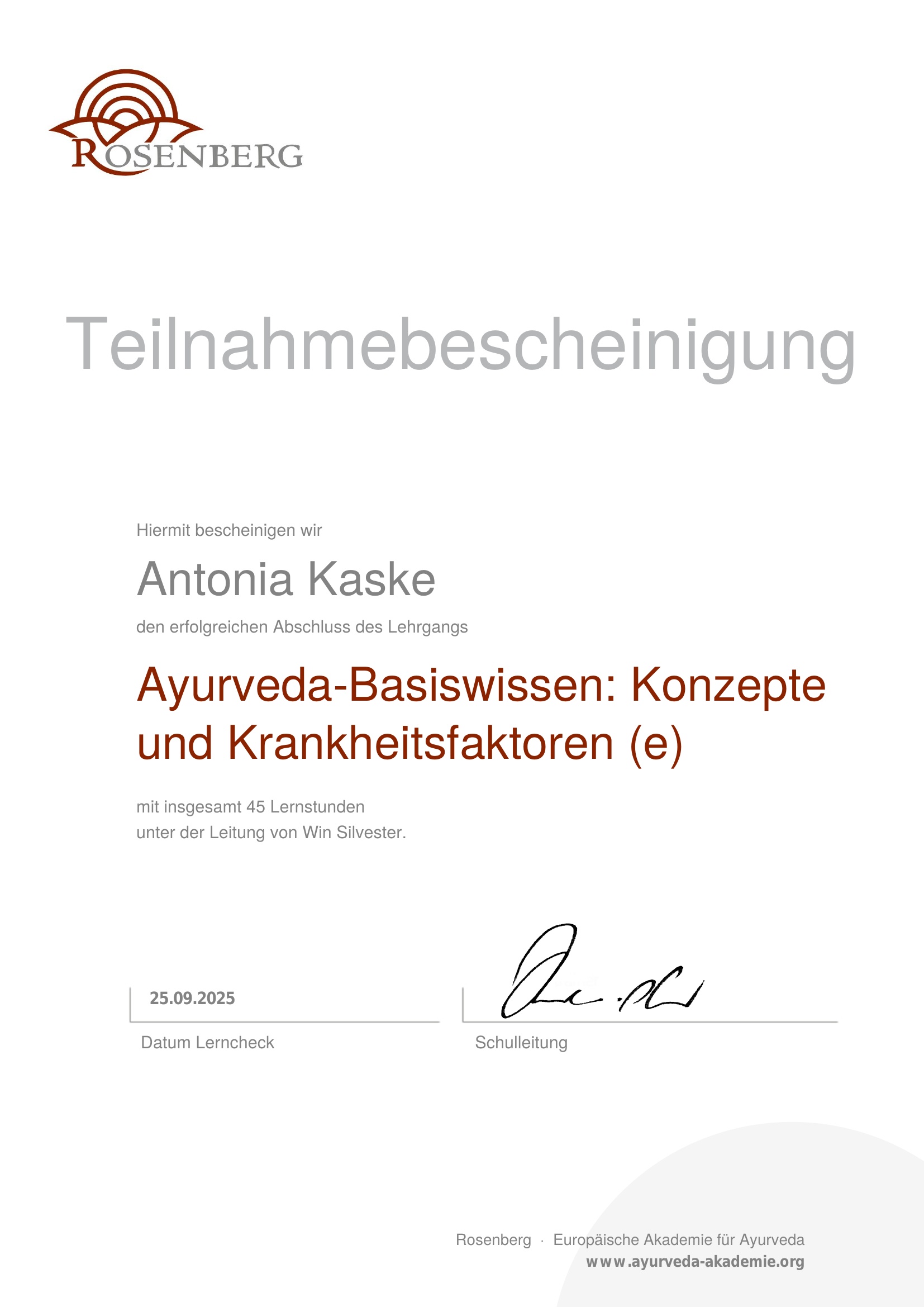 Konzepte und Krankheitsfaktoren Ayurveda Zertifikat