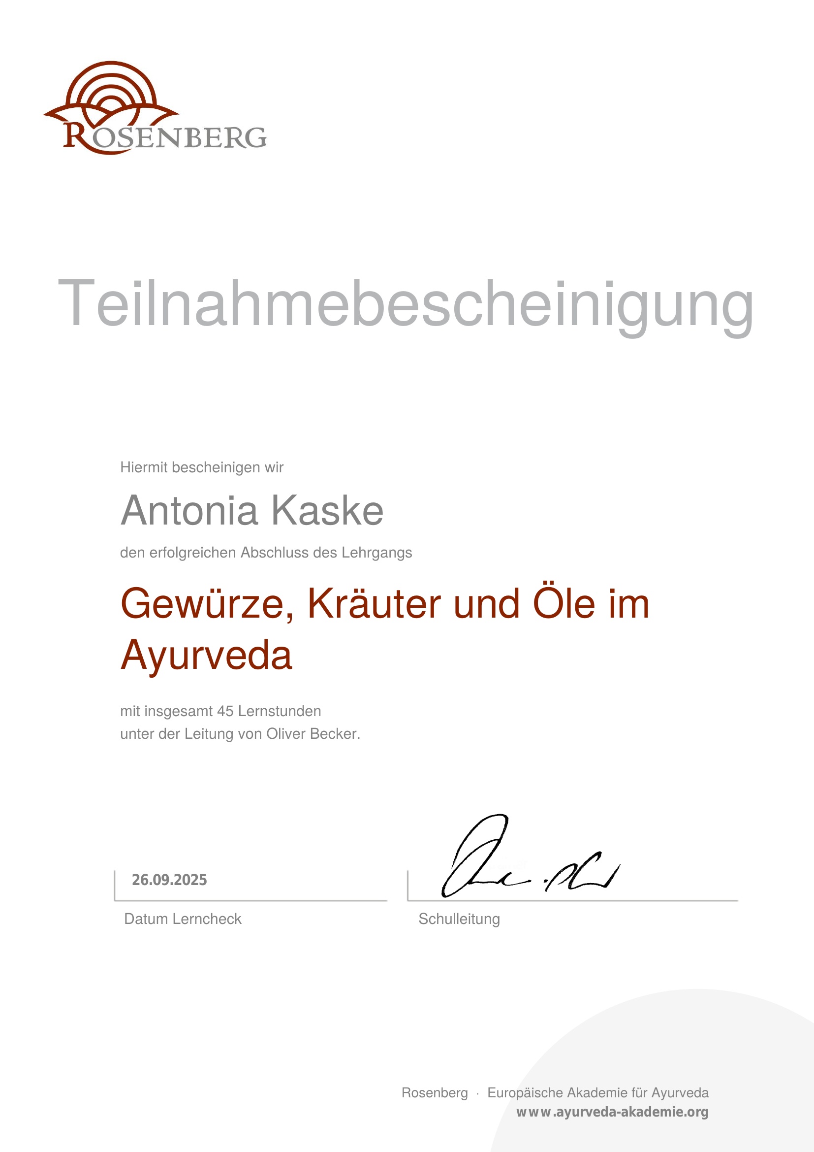 Gewürze Kräuter Öle Ayurveda Zertifikat