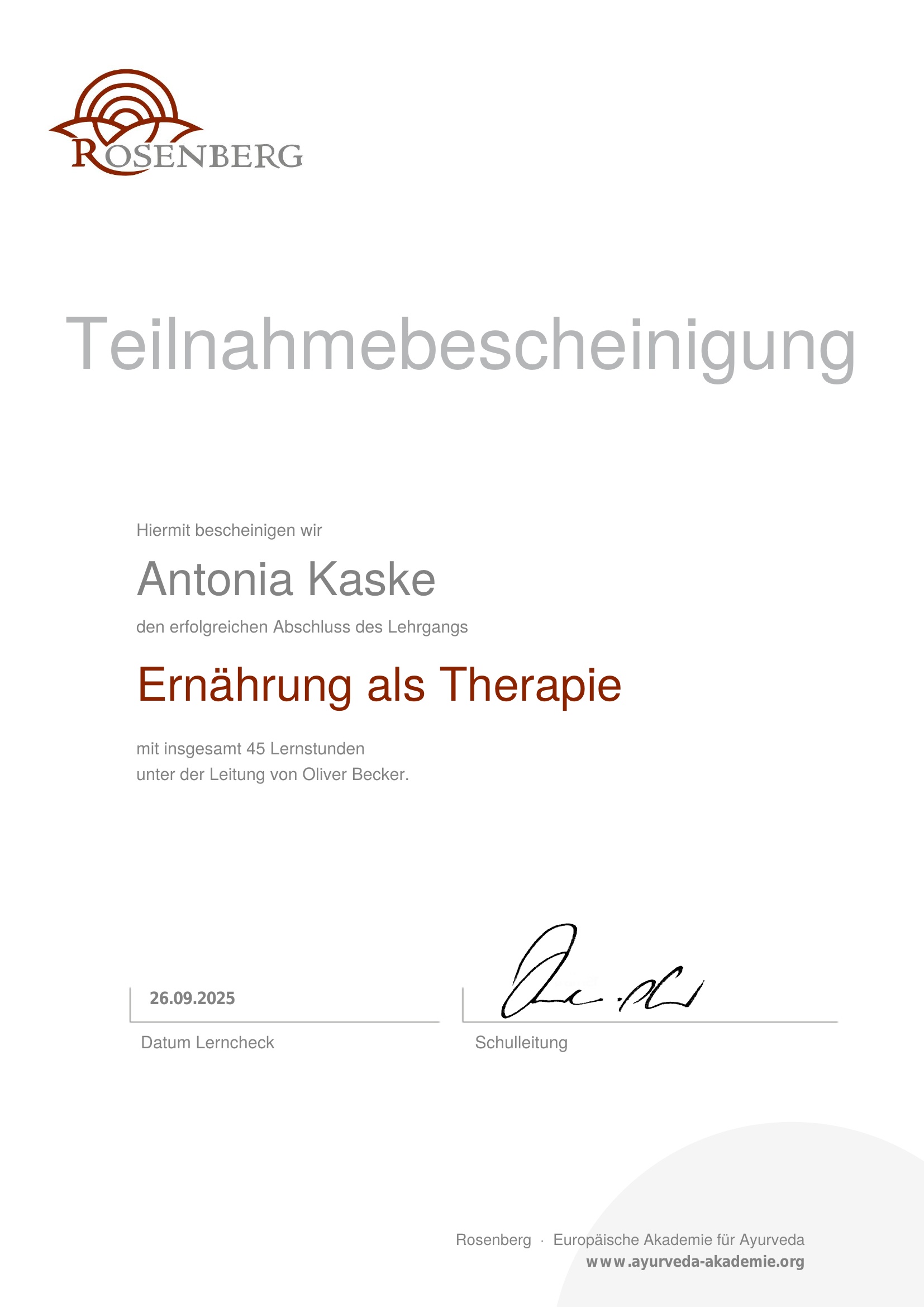 Ernährung als Therapie Ayurveda Zertifikat