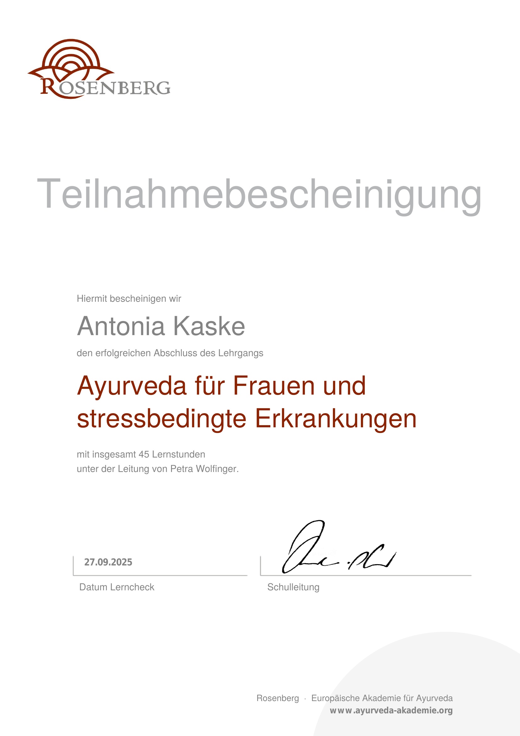 Ayurveda für Frauen und stressbedingte Erkrankungen Zertifikat