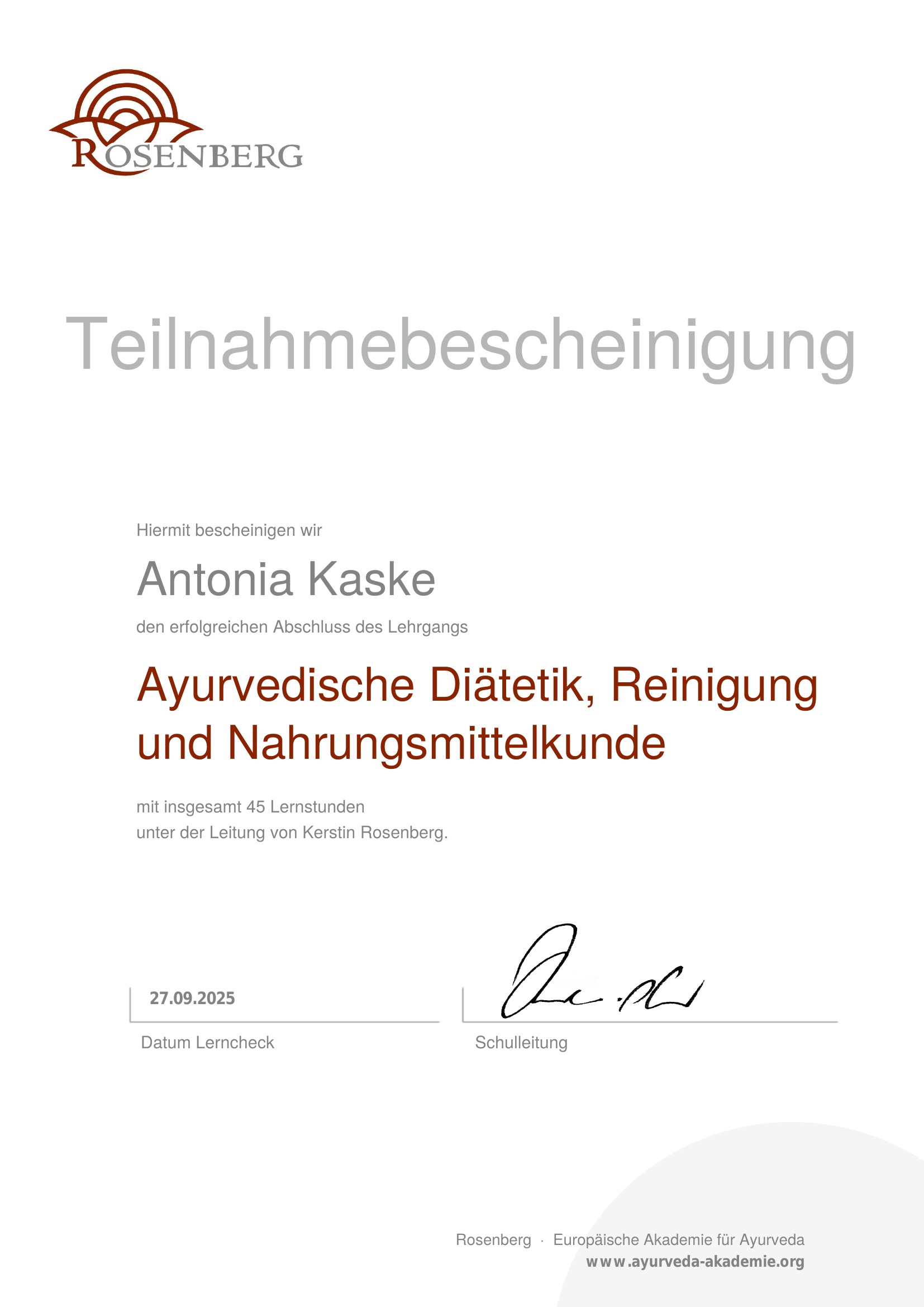 Ayurvedische Diätetik und Reinigung Zertifikat