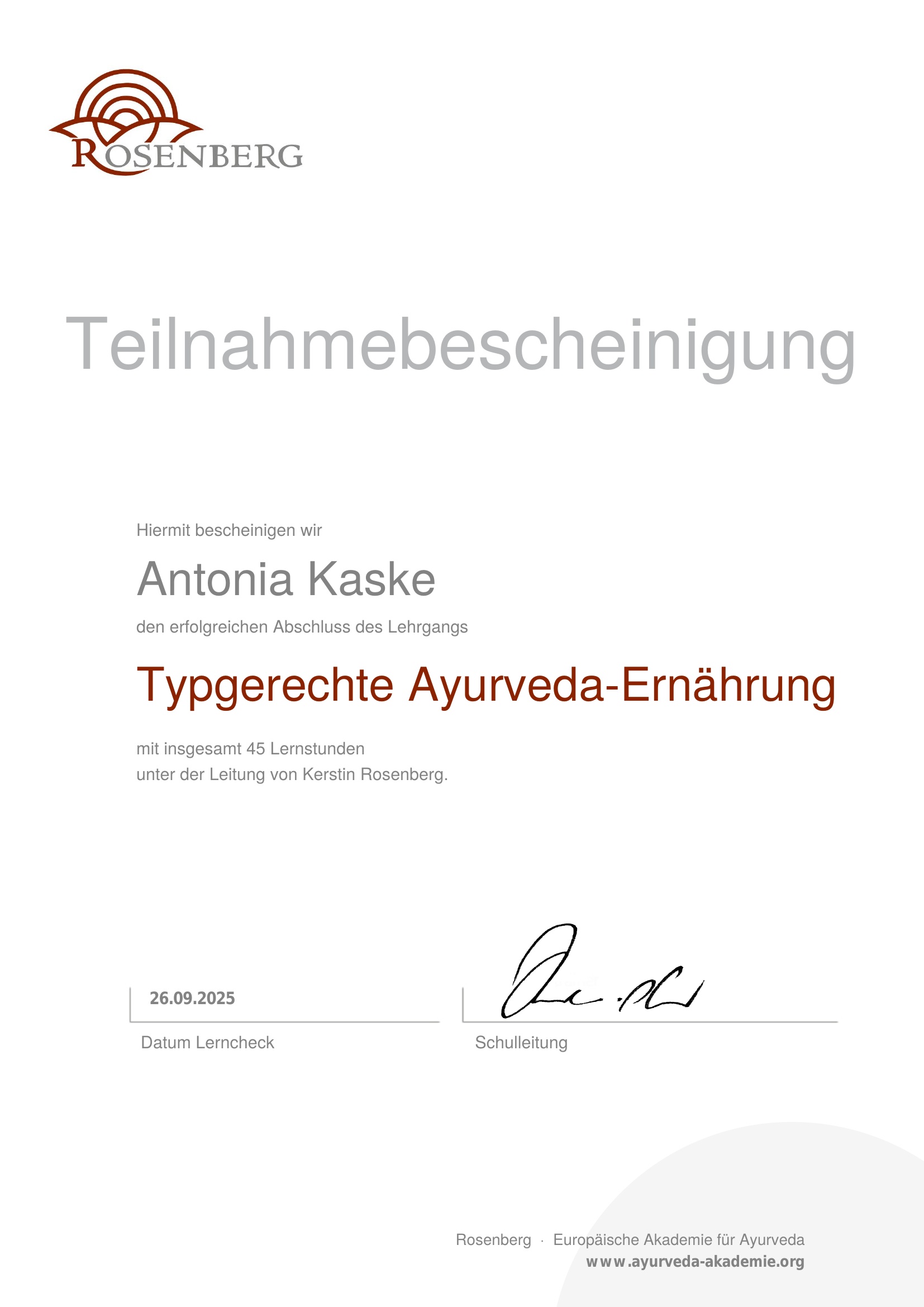 Typgerechte Ayurveda Ernährung Zertifikat