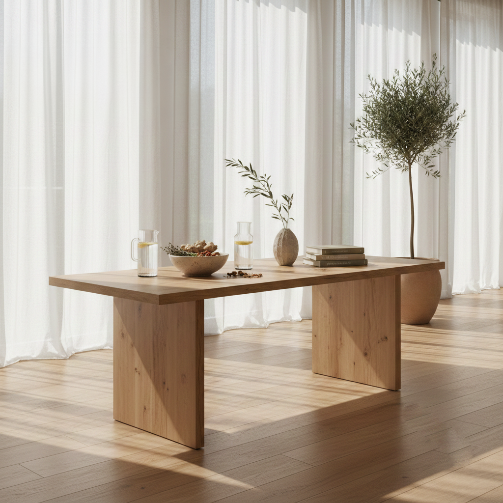 Natürlicher Holztisch mit Ayurveda-Elementen und Olivenbaum – House of Wellbeing München