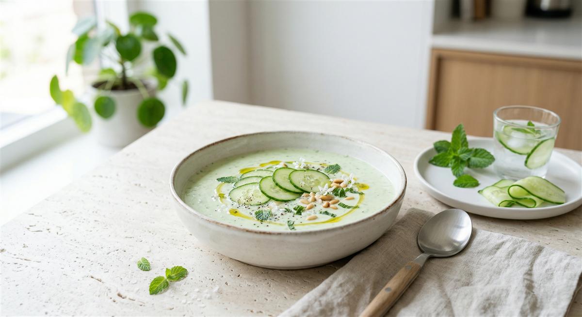 Kühlende Pitta-ausgleichende Gurkensuppe mit Minze
