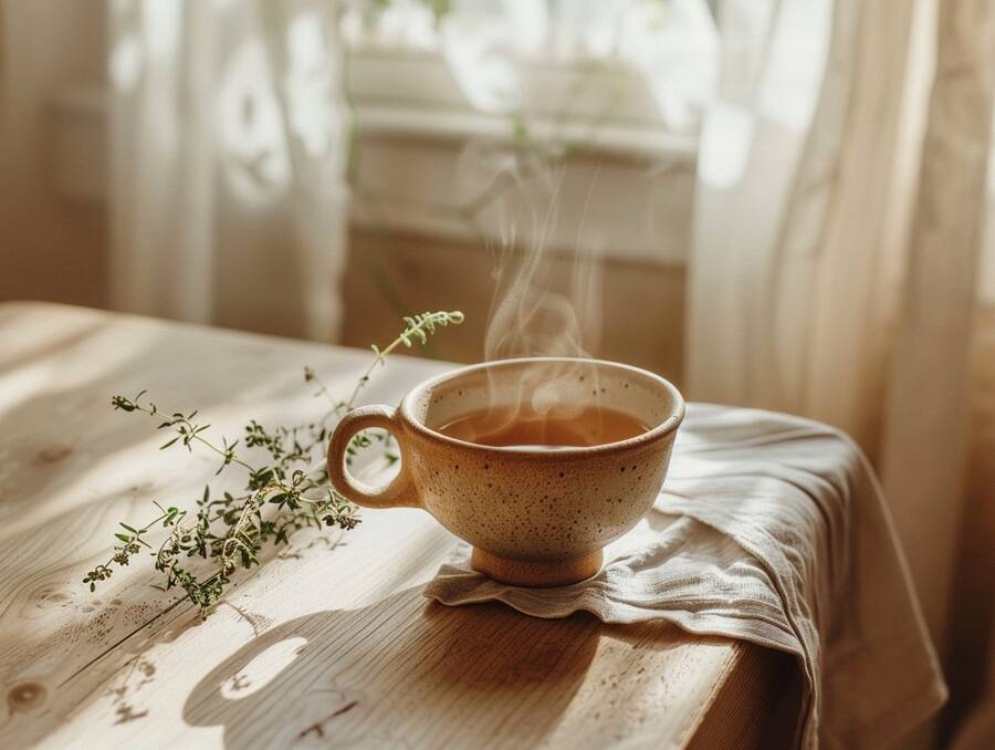 Meditationskissen mit Wolldecke und dampfender Tee – Stressprävention Ayurveda München