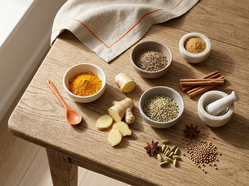 Ayurvedische Gewürze Kurkuma, Kardamom und Zimt in Keramikschalen – Verdauung stärken Ayurveda